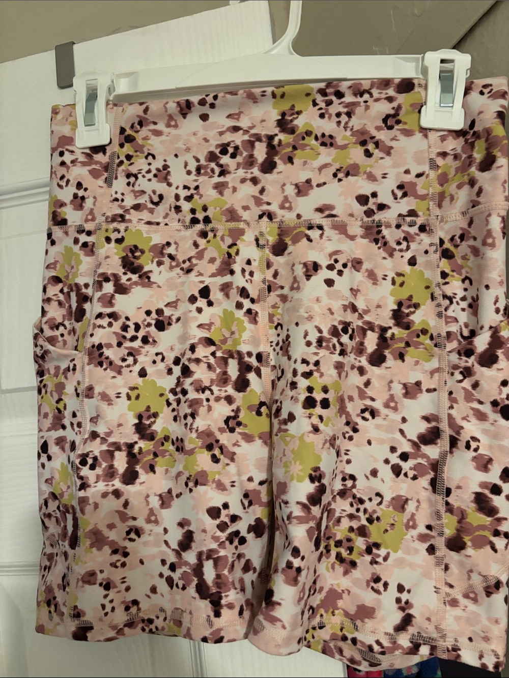 Fabletics Pink Floral Print Track Shorts with Olive Accents